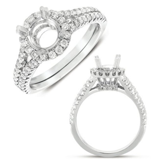 Split Shank Halo Engagement Ring Semi Mount for 1.0ct Round in 14k White Gold: 0.56ctw Diamonds