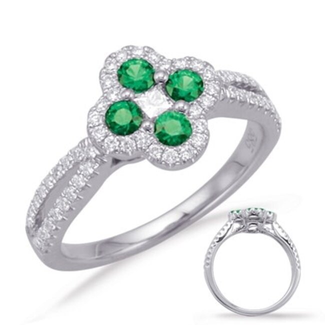 14KW Emerald & Diamond Flower Fashion Ring size 6:  0.30gtw, 0.40dtw