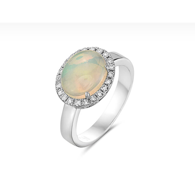14KW Cabochon Ethiopian Oval Opal and Diamond Halo Ring size 6.5: 1.22gtw, 0.22dtw