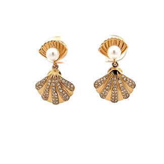 14KY Pearl & Diamond Seashell Dangle Earrings: 0.26ctw