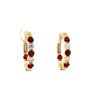 18YG Round Ruby and Diamond In & Out Oval Shaped Hoops:  1.08gtw, 0.65dtw
