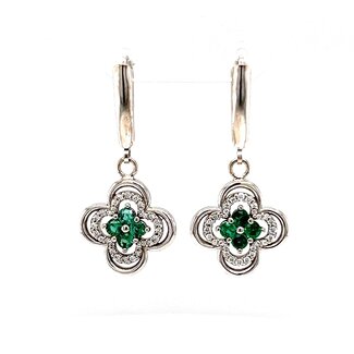 14WG Diamond & Green Emerald Flower Dangle Earrings: 0.56gtw, 0.20dtw