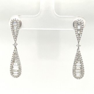 18KW Double Teardrop Diamond Dangle Earrings w/ Baguettes & Round Diamonds: 1.90Ctw