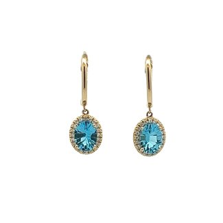 Leverback  Earrings with Fantasy Cut Oval Blue Topaz & Diamond Halo in 14k Yellow Gold: 2.55ctw Topaz, 0.21ctw Diamonds