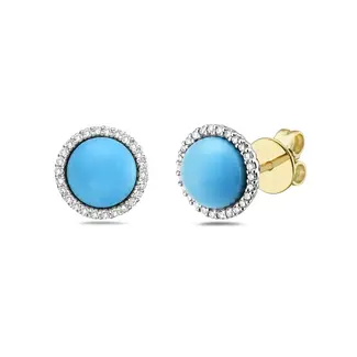 Round 7mm Cabachon Turquoise Stud Earrings with Diamond Halo in 14kt Yellow Gold: 0.19ctww Diamonds