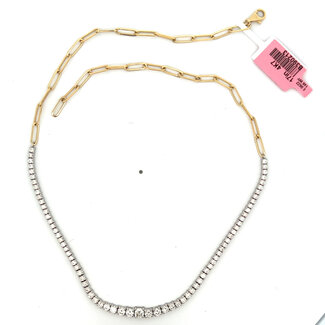 Paperclip Link Halfway Diamond Tennis Necklace in 14kt White & Yellow Gold: 3.66ctw Diamonds - 17"
