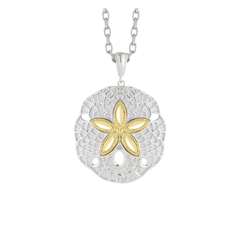 Large Sand Dollar Pendant on Cable Chain 18” in Sterling Silver Accented Center with 14k Yellow Gold