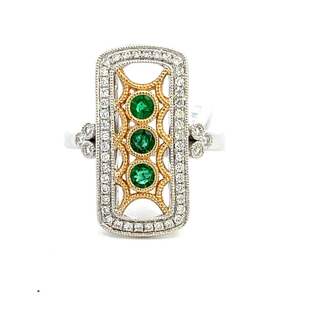 Vintage Inspired Elongated Emerald & Diamond Ring with Milgrain Accents in 14k White and Yellow Gold: 0.34ctw Emeralds, 0.27ctw Diamonds