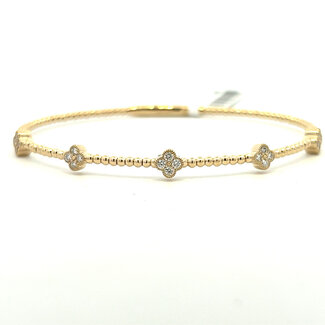 Flexible Beaded Bangle Bracelet with Diamond Clovers in 14k Yellow Gold 6.5" :  0.35ctw Diamonds