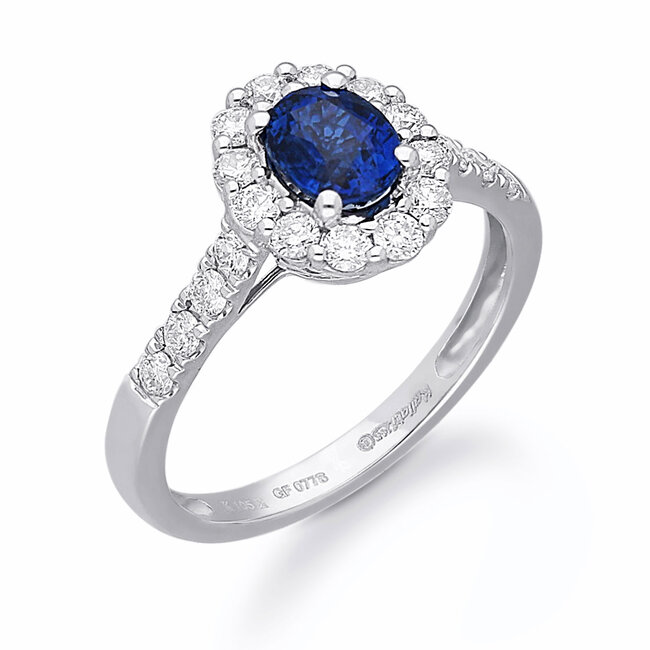 Oval Blue Sapphire with Diamond Halo in 14k White Gold: 1.40ct Sapphire, 0.75ctw Diamonds