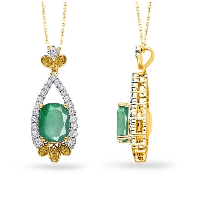 Oval Emerald Drop Pendant With Yellow & White Diamonds in 14k Yellow Gold: 2.45ct Emerald, 0.50ctw Diamonds