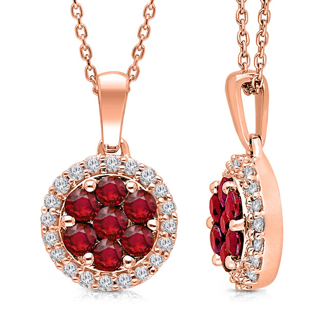 Ruby Cluster Pendant With Diamond Halo in 14k Rose Gold: 0.50ctw Rubies, 0.13ctw Diamonds