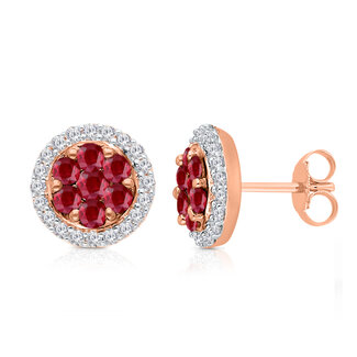 Ruby Cluster Stud Earrings With Diamond Halo in 14k Rose Gold : 1.00ct Rubies,  1/4 ctw Diamonds