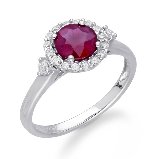 Round Ruby Ring With Diamond Halo in 14k White Gold: 1.25ct Ruby, .22ct Diamonds