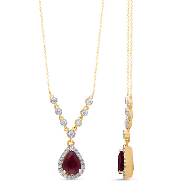 Pear Shaped Ruby “V” Drop Necklace with Diamond Halo & Accents on Cable Chain 18” in 14k Yellow Gold : 1.70ct Ruby, 0.37ctw Diamonds