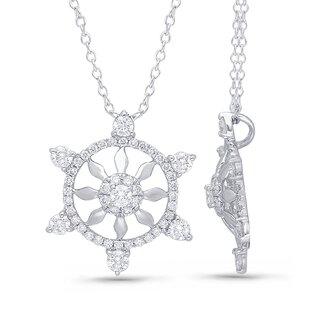 Nautical Boat Wheel Diamond Pendant in 14k White Gold: 0.90ctw Diamonds