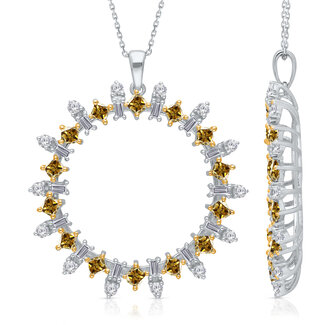 Sunburst Circle Pendant with Yellow & White Diamonds in 14k White Gold: 3.00ctw Diamonds