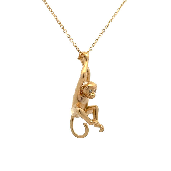 Hanging Monkey Necklace with Diamond Eyes & Cable Chain 18" in 14kt Yellow Gold: 0.01ctw Diamonds