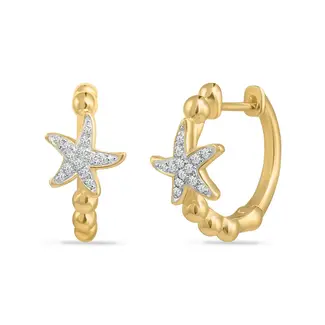 Starfish & Diamond Huggie Hoop Earrings in 14kt Yellow Gold: 14mm: 15mm;  0.08ctw Diamonds