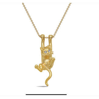 Hanging Kitten Necklace with Diamond Eyes & Cable Chain 18" in 14kt Yellow Gold: 0.02ctw Diamonds