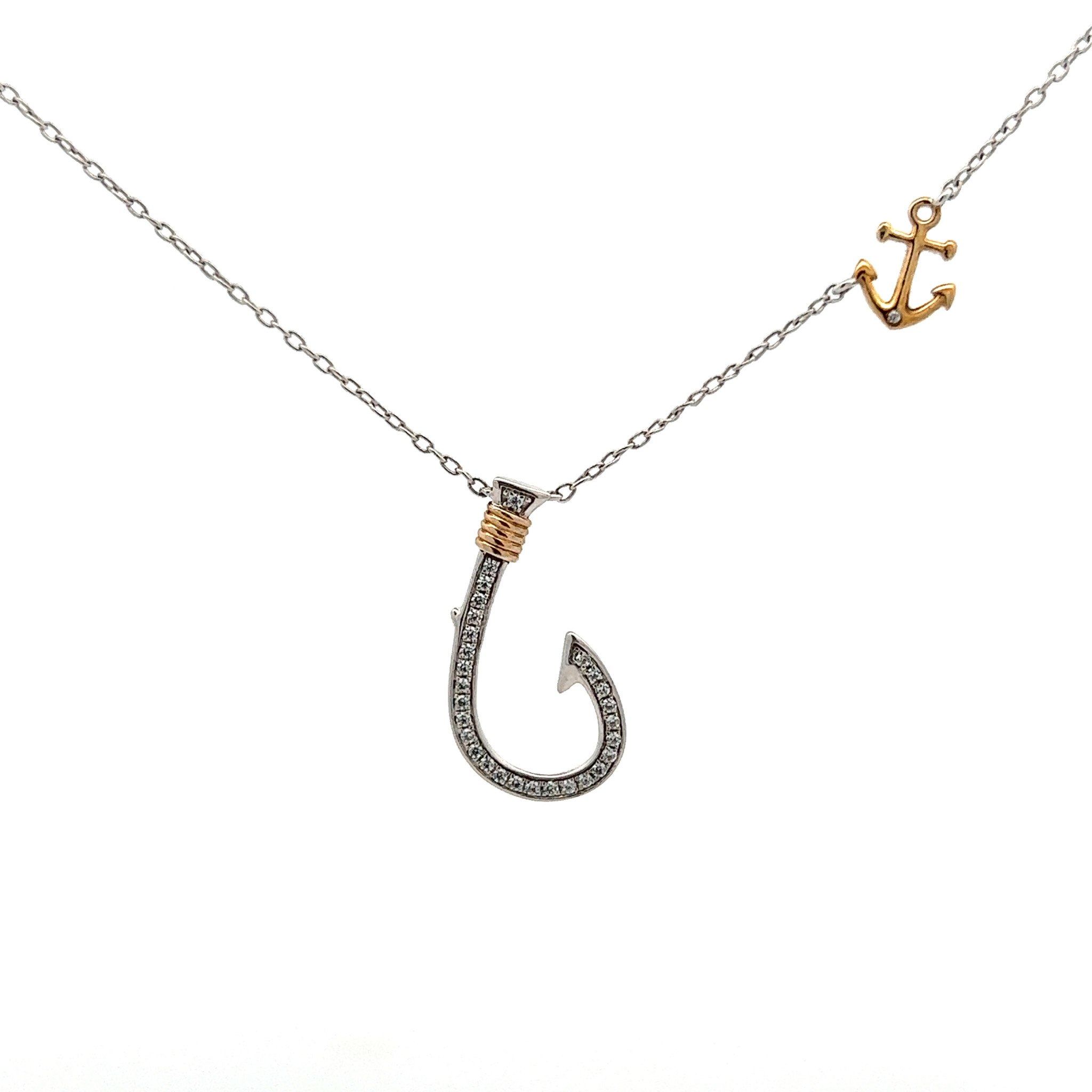 Diamond Fish Hook Necklace on Cable Chain 18” with Yellow Gold Anchor  Statin in 14k White and Yellow Gold: 0.15ctw Diamonds - Lady Jeweler