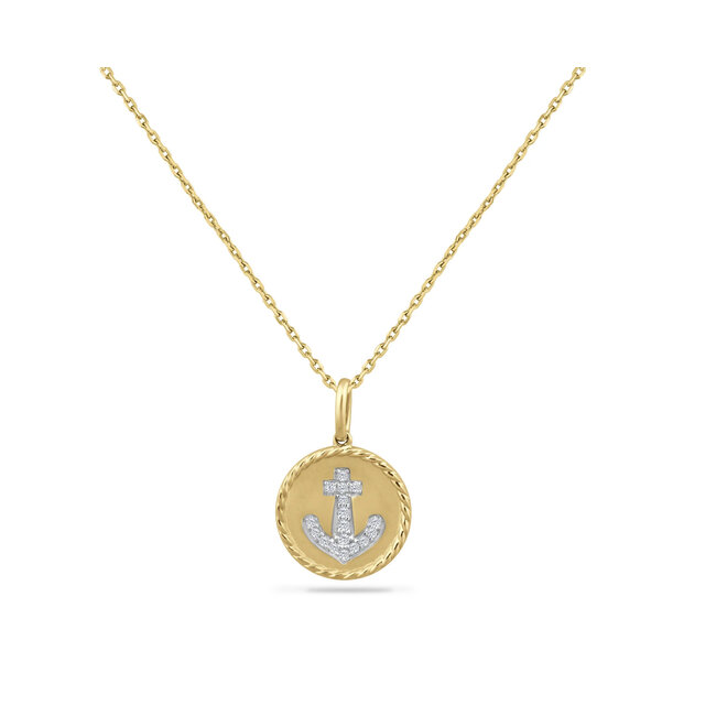 Roped Disk Pendant with Diamond Anchor on Cable Chain 18” in 14k Yellow Gold: 0.08ctw Diamonds