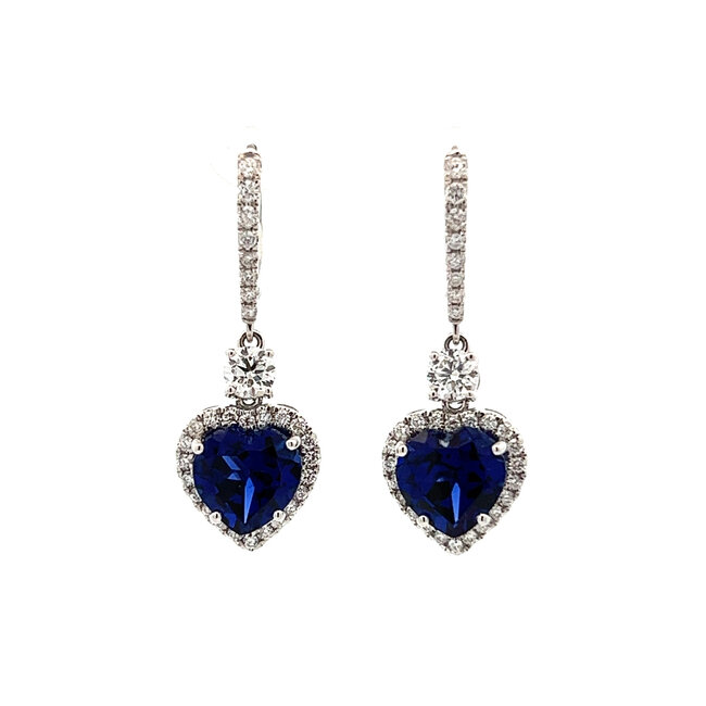 Lab Grown Diamond Accented Heart Sapphire Lever Back Earrings in 14k White Gold: 1.33ctw Diamonds 6.54ctw Sapphire
