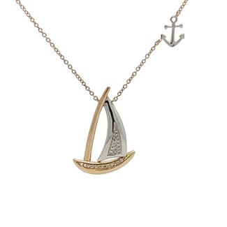 Diamond Sail Boat Necklace with Stationed Anchor & Cable Chain 18" in 14kt White & Yellow Gold: 0.10ctw Diamonds