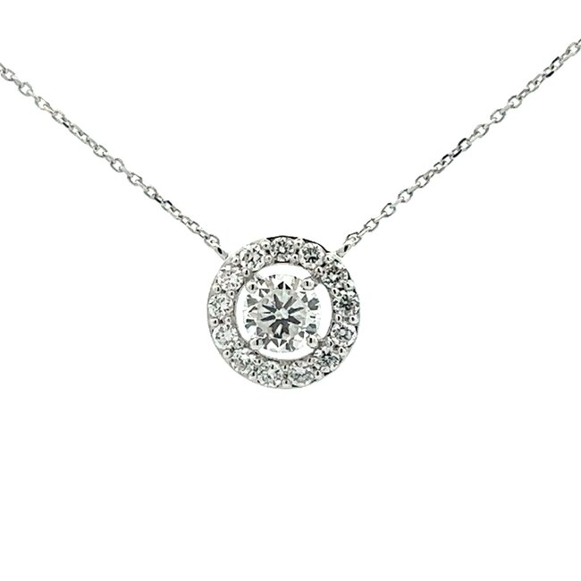 Lab Grown 14KW Diamond Halo Pendant: 0.86ctw Diamonds