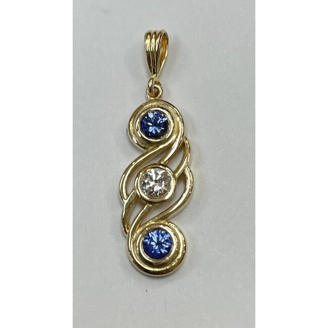 Three Stone Freeform Sapphire & Diamond Pendant in 14k Yellow Gold: 0.34ctw Sapphires, 0.12ct Diamonds
