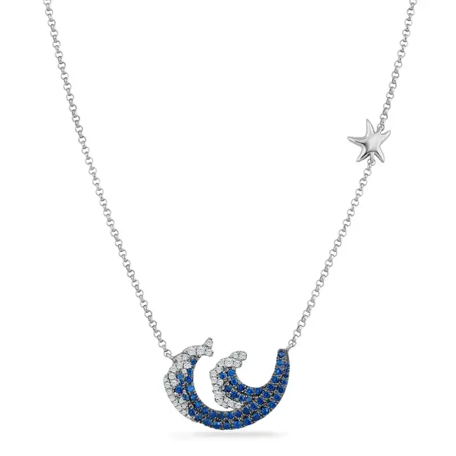 Ocean Waves Blue Sapphire & Diamond Necklace with Cable Chain 18" in 14kt White Gold: 0.74ctw Sapphires - 0.29ctw Diamonds
