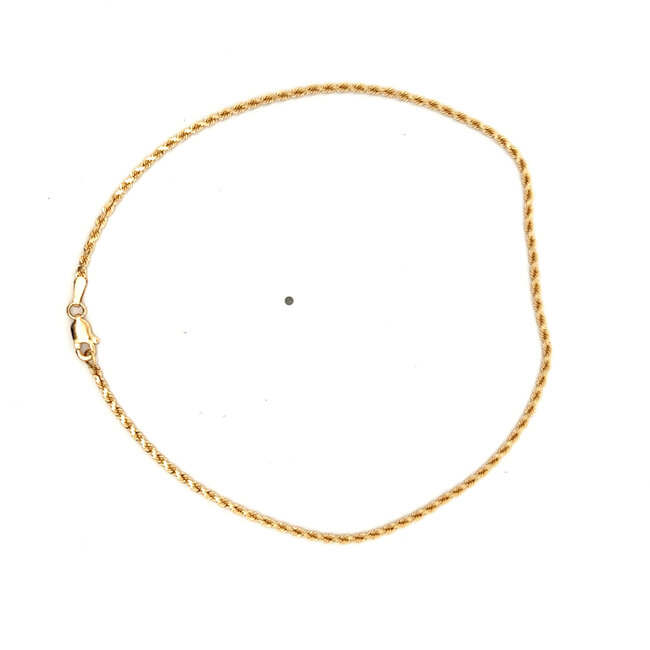 Solid Diamond Cut Rope Anklet in 14k Yellow Gold: 10”: 1.0gr