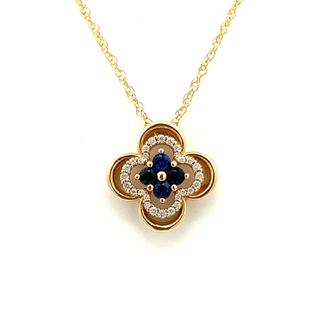 Slide Flower Pendant with Diamonds & Blue Sapphires in 14k Yellow Gold: 0.28ctw  Sapphires, 0.10ctw Diamonds