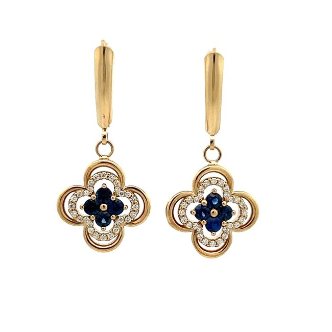 Flower Lever Back Dangle Earrings with Blue Sapphires & Diamonds in 14k Yellow Gold: 0.56cwt Sapphires, 0.20ctwDiamonds