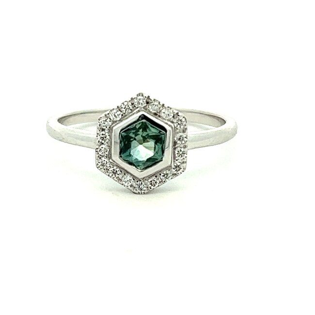 Hexagonal Teal Montana Sapphire with Diamond Halo Fashion Ring  in 14k White Gold: 0.45ct Sapphire, 0.12ct Diamonds