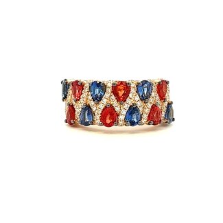 Staggered Orange & Blue Sapphire Ring with Diamond Lace in 14kt Yellow Gold: 2.36ctw Sapphires; 0.35ct Diamonds