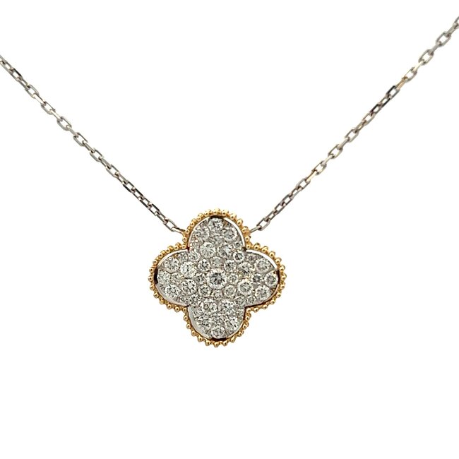 Clover Shaped Pave Set Diamond Necklace with a Cable Chain 16” in 14k Yellow and White Gold: 0.75ctw Diamonds