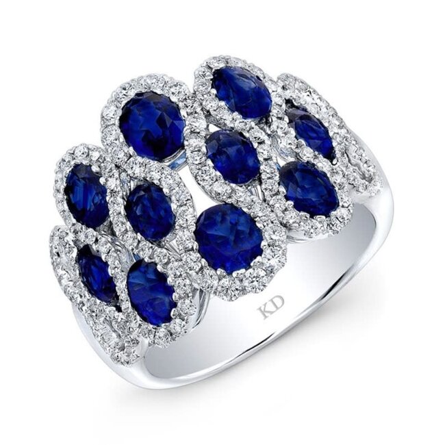 Free Form Fashion Ring with Oval Blue Sapphires Accented with Diamonds in 18k White Gold: 3.04ctw Sapphires; 0.72ctw Diamonds