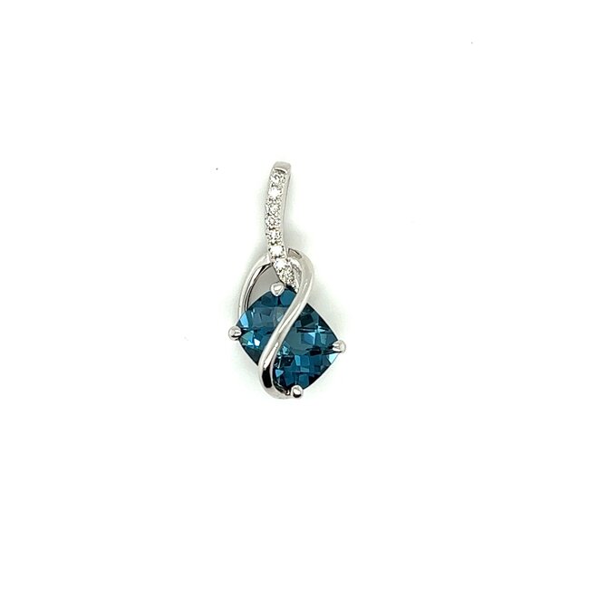 Freeform Cushion Shape London Blue Topaz Pendant with Diamond Accents in 14k White Gold