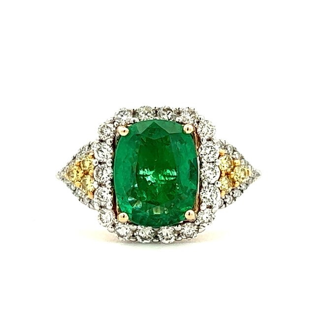 Natural Emerald Halo Ring with Yellow & White Diamonds
