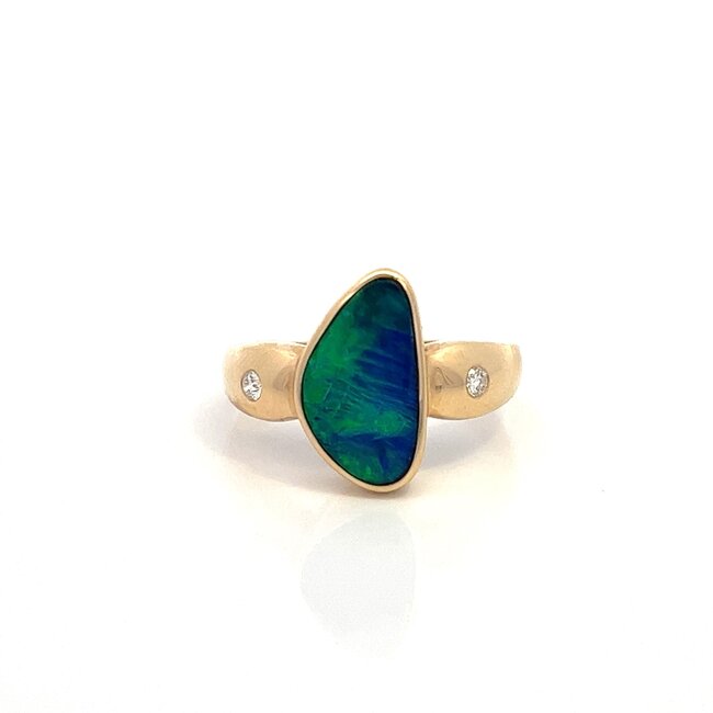 Minimalist Freeform Australian Opal Fashion Ring with Flush Set Diamond Accents 14k Yellow Gold: 0.05ctw Diamonds