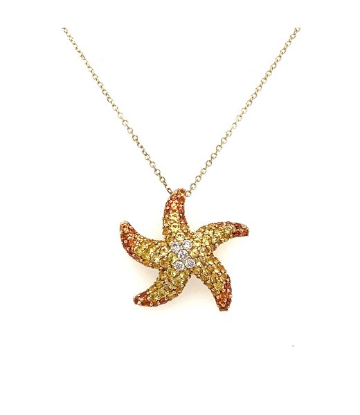 Diamond Accented Ombre Starfish Pendant with Yellow and Orange Sapphires in 14k Yellow Gold: 1.58ctw Sapphires; 0.10ctw Diamonds