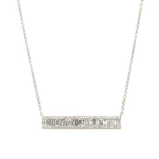 Baguette and Round Diamond Bar Necklace with Cable Chain 16-18" in 14k White Gold: 0.77ctw Diamonds
