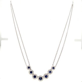 Elegant Necklace with 7 Sapphires & Diamond Halo Necklace on Double Strand Cable Chain 18” in 18k White Gold: 1.16ctw Sapphires; 0.98ctw Diamonds