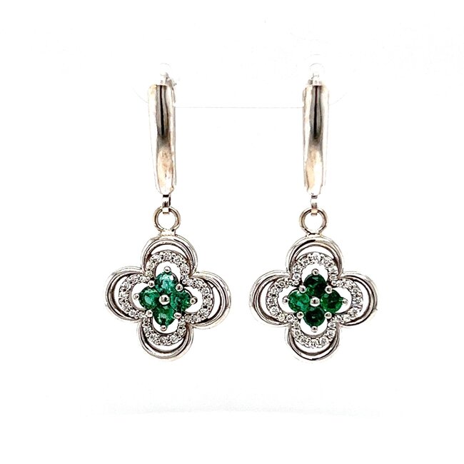 Flower Dangle Leverback Earrings with Diamonds & Emeralds in 14k White Gold: 0.56ctw Emeralds; 0.20ctw Diamonds