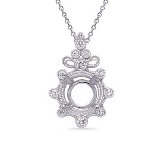Vintage Style Pendant Semi Mount with Bezel Set Diamond Accents for 2.25ct Round in 14k White Gold: 0.20ctw Diamonds