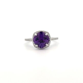 Checkerboard Cut Amethyst with Diamond Halo Fashion Ring  in 14k White Gold: 2.00ct Amethyst; 0.30ctw Diamonds