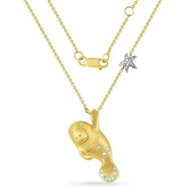 Manatee Necklace with Diamond Accented Tail & Stationed Starfish with Cable Chain 18" in 14kt Yellow Gold: 0.10ctw Diamonds