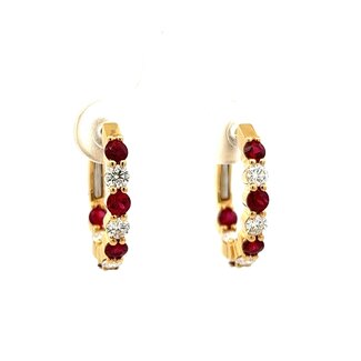 Ruby and Diamond In & Out Oval Shaped Hoops in 18k Yellow Gold: 19 x 16 mm;  1.08ctw Rubies; 0.65ctw Diamonds