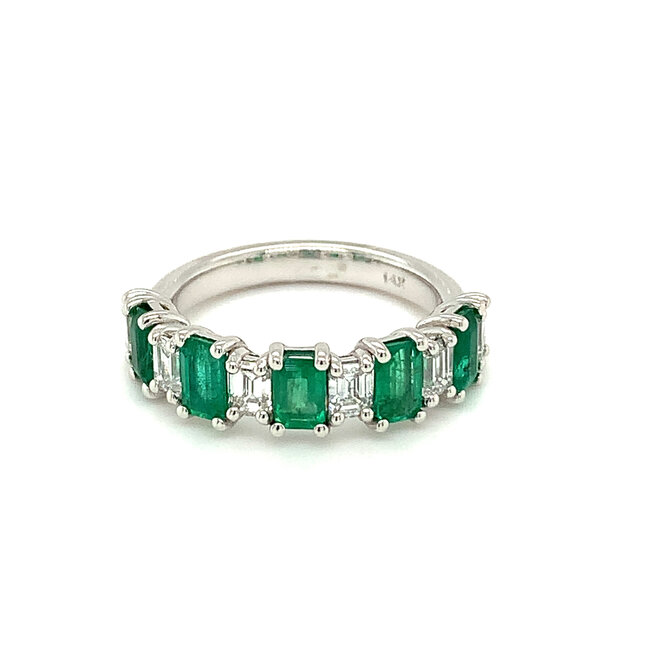 Emerald Cut Diamonds & Emeralds Band  in 14k White Gold: 1.52ctw Emeralds; 0.99ctw Diamonds